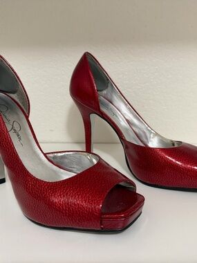 Jessica Simpson Metallic Red Peep-Toe Stiletto Heels